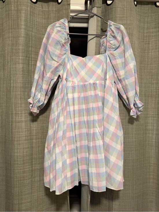 Storia Dresses & Skirts - Storia Pastel Plaid Puff-Sleeve Dress in Pink, Blue, Green & Cream